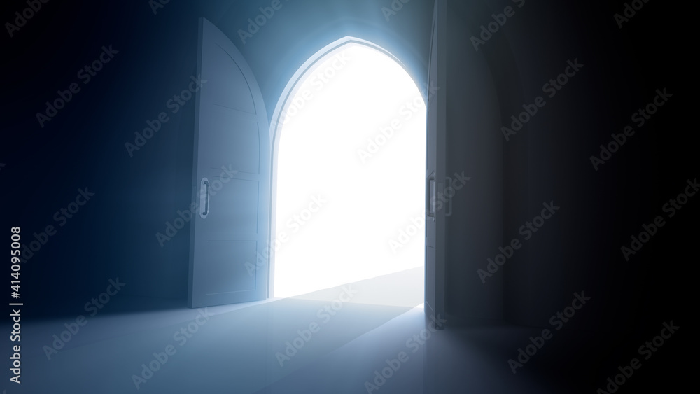 Door Opening to the brilliant Future, way to Heaven and Success. 3D illustration. Door Opening to the brilliant Future, way to Heaven and Success. 3D illustration.