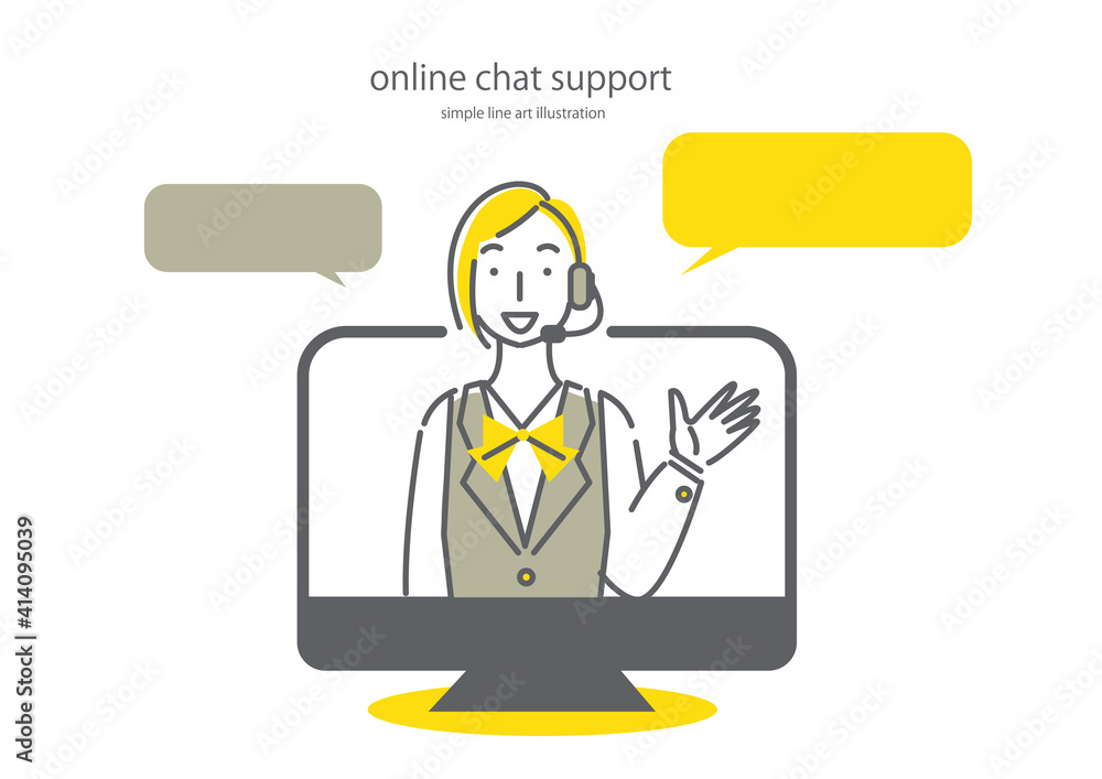 オンラインチャットでカスタマーサポートをするオペレーターの女性のシンプルでおしゃれな線画イラスト Stock Vector Adobe Stock