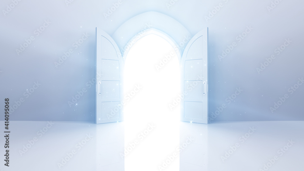 Door Opening to the brilliant Future, way to Heaven and Success. 3D illustration