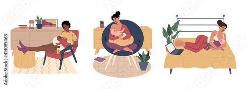 Set of caring young mums breastfeeding his babies. Happy mothers sitting on chair or lying on bed, holding and nursing his newborn children. Lactation and suckling concept, modern trendy illustration