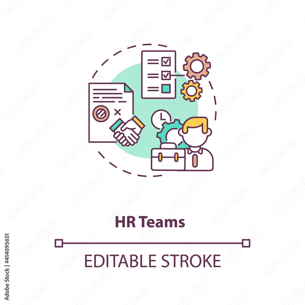 HR teams concept icon. Contract management software users. Contract management in companies processes idea thin line illustration. Vector isolated outline RGB color drawing. Editable stroke HR teams concept icon. Contract management software users. Contract management in companies processes idea thin line illustration. Vector isolated outline RGB color drawing. Editable stroke