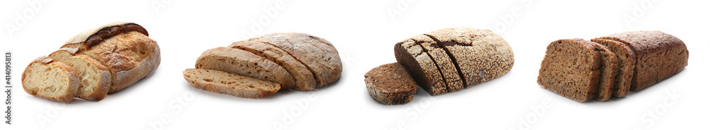 Set with different fresh tasty bread on white background, banner design Set with different fresh tasty bread on white background, banner design