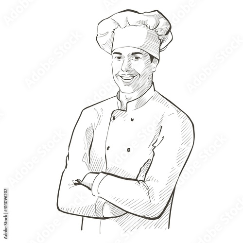 Chef in working uniform. smiling Baker in a chef cap in the restaurant kitchen, standing with crossed arms. Vector line sketch realistic vintage hand-drawn illustration