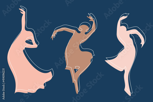 Abstract elegant illustration of feminine dance. Three fictional female characters dance together in different poses. Angular and amorphous figures in muted colors of brown and blue. Muses.