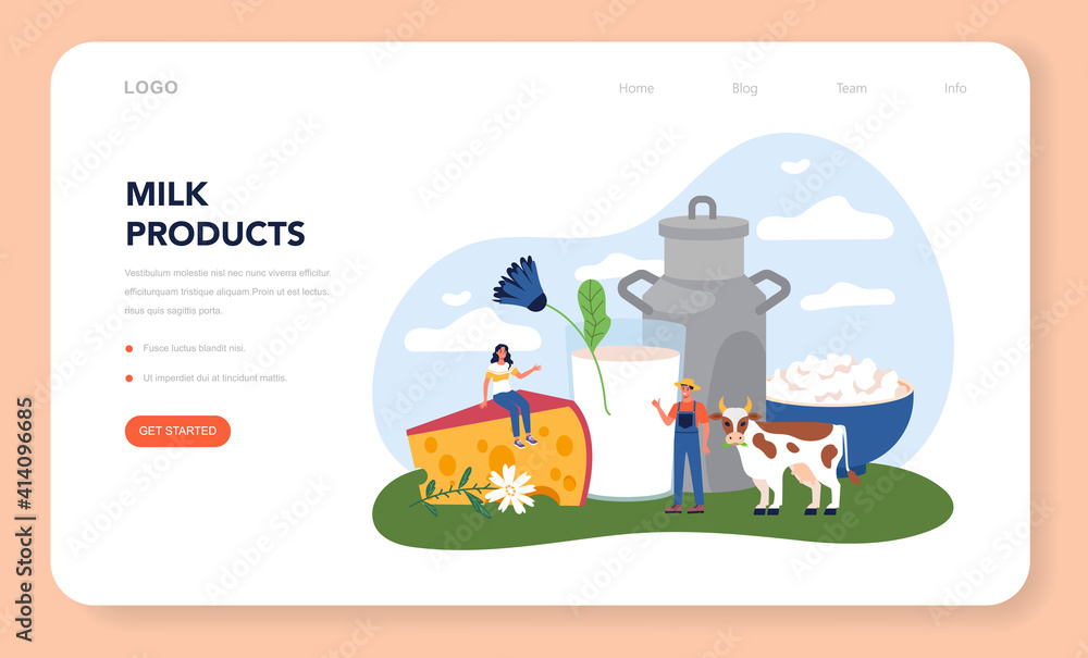 Fototapeta premium Farm milk product web banner or landing page. Farming food production.