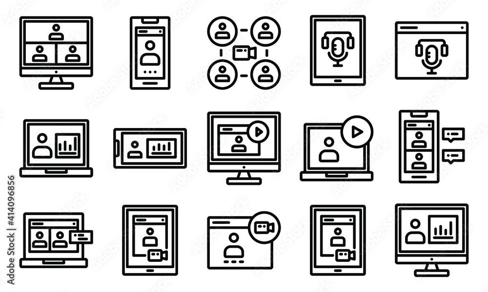 Online meeting icons set. Contains such Icons as webinar, presentation, podcast, conference for web design. editable stroke Online meeting icons set. Contains such Icons as webinar, presentation, podcast, conference for web design. editable stroke