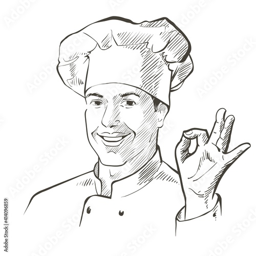 Chef in working uniform. smiling Baker in a chef cap in the restaurant kitchen, standing with crossed arms. Vector line sketch realistic vintage hand-drawn illustration