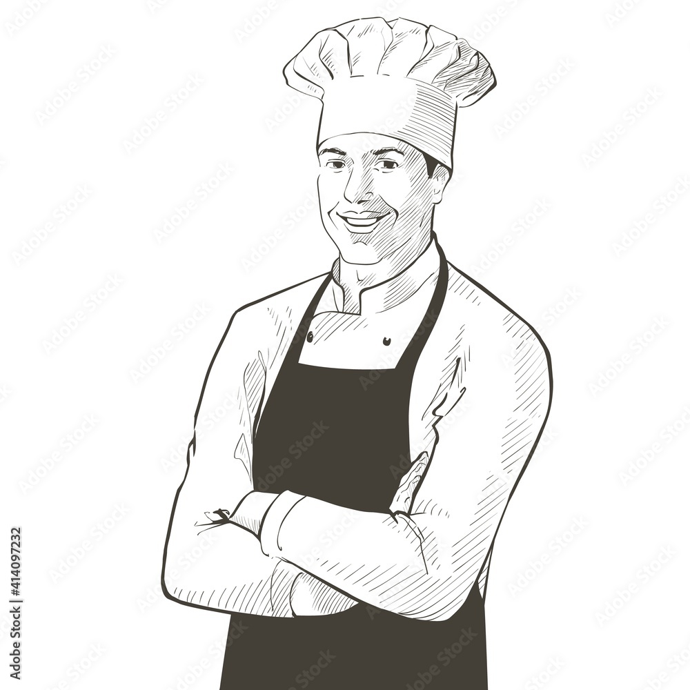 Chef in working uniform. smiling Baker in a chef cap in the restaurant