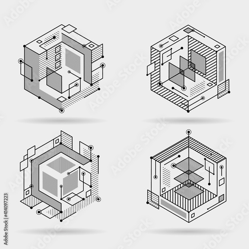 Cubic isometric abstract lines elements technical 3D background design vector illustration