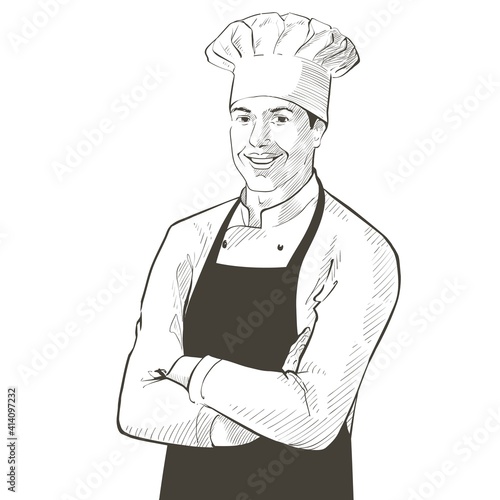 Chef in working uniform. smiling Baker in a chef cap in the restaurant kitchen, standing with crossed arms. Vector line sketch realistic vintage hand-drawn illustration