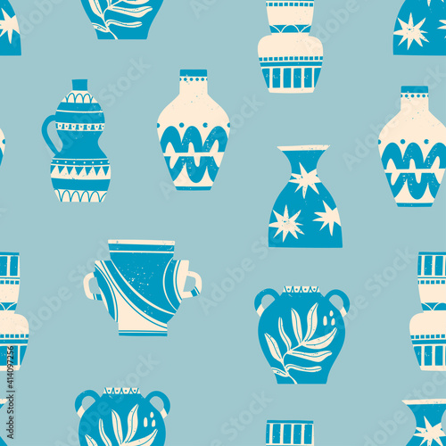 Various ceramic Vases. Different shapes. Antique, ancient ceramics. Pottery concept. Different textures. Hand drawn Vector seamless Pattern. Blue square repeating Background, wallpaper