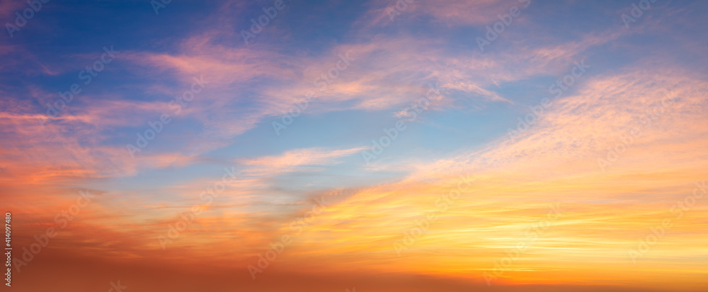 Real panoramic sunrise sundown sunset sky with gentle colorful clouds