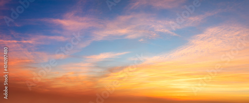 Fototapeta Naklejka Na Ścianę i Meble -  Real panoramic sunrise sundown sunset sky with gentle colorful clouds
