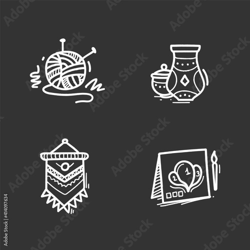 Craft hobby set glyph icons. Handmade and homemade concept. Consist of painting by numbers, macrame, pottery, knitting. Filled flat signs. Isolated silhouette vector illustrations
