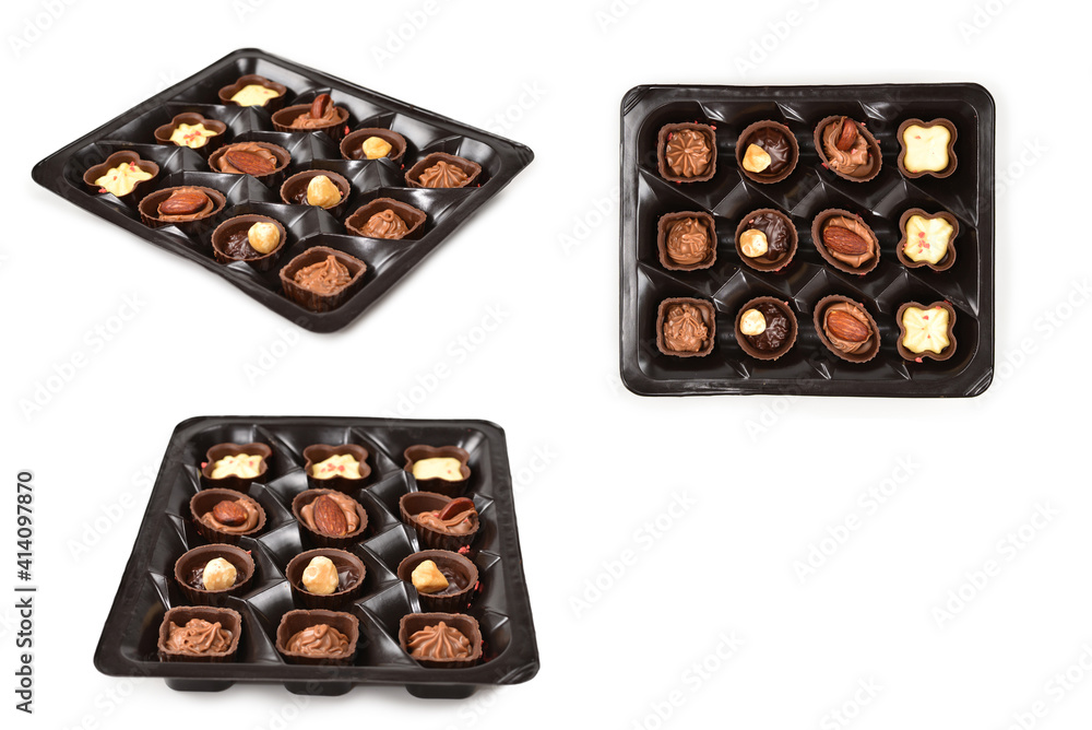 Chocolate candy collection in plastic box. Chocolate candy collection in plastic box.