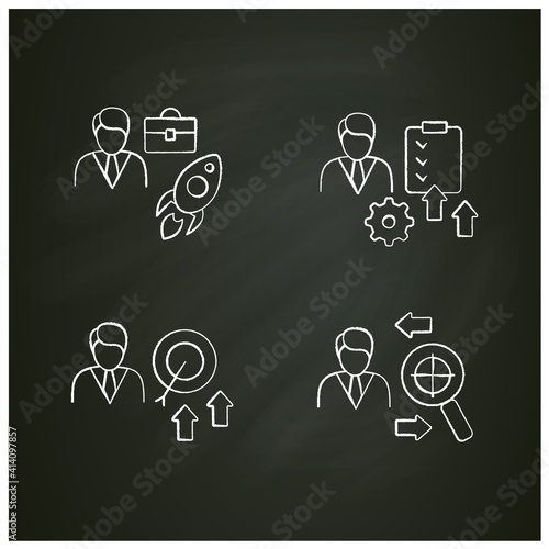 Personal growth chalk icons set. Consists of growth zone, enhancing lifestyle, identifying potential, spiritual identity etc. Isolated vector illustration. Vector illustrations on chalkboard