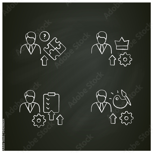 Personal growth chalk icons set. Consists of growth zone, enhancing lifestyle, identifying potential, spiritual identity etc. Isolated vector illustration. Vector illustrations on chalkboard