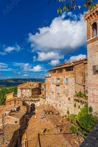 View of Perugia medieval historic center with ancient Eburnea Gate and Umbria countryside from city panoramic terrace photo