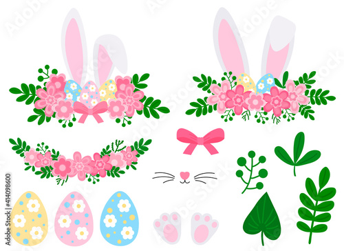 Cute Easter bunny ears with flowers vector illustration. Rabbit face Easter eggs pink flowers leaves © Ирина Шишкова