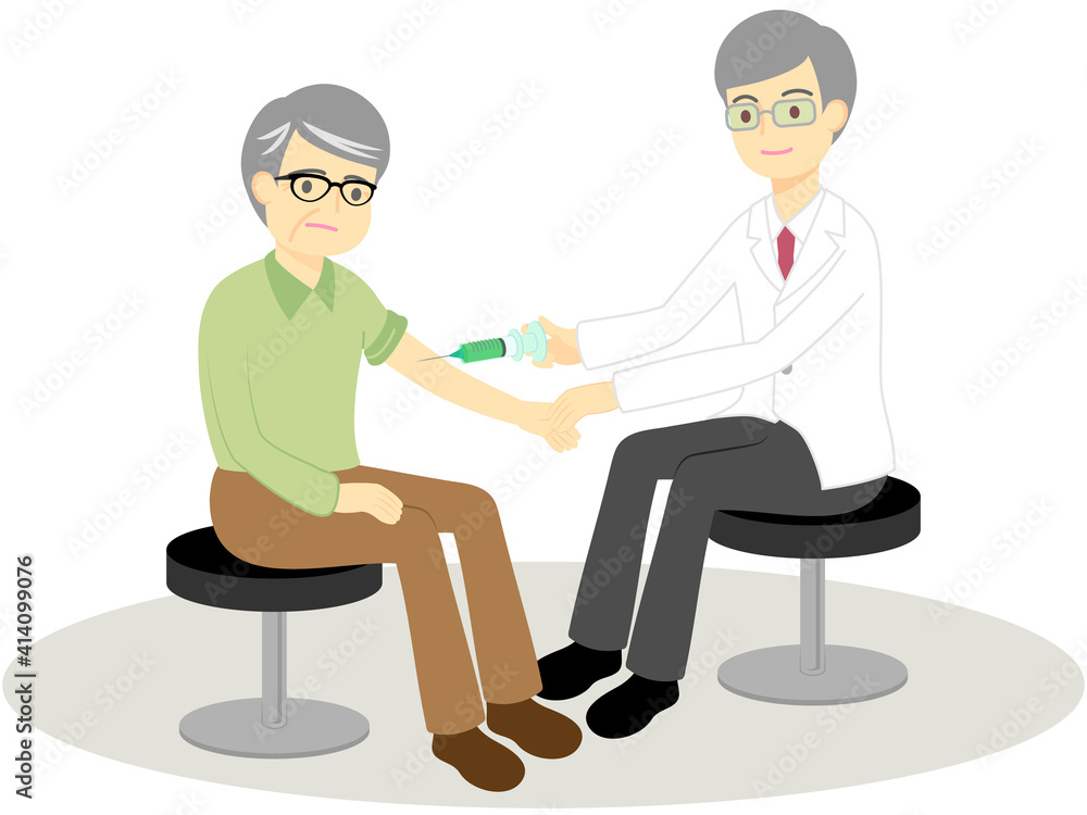 予防接種を受ける高齢男性と医師/Illustration of a man and a doctor being vaccinated 予防接種を受ける高齢男性と医師/Illustration of a man and a doctor being vaccinated
