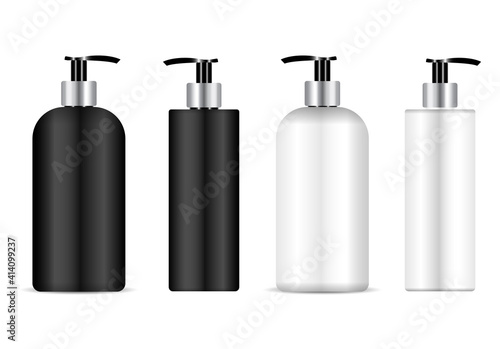 Pump bottle mockup. Cosmetic dispenser bottle pack for shampoo, lotion plastic container. antibacterial liquid template blank. Moisturizer can template. Plastic packaging for cleanser
