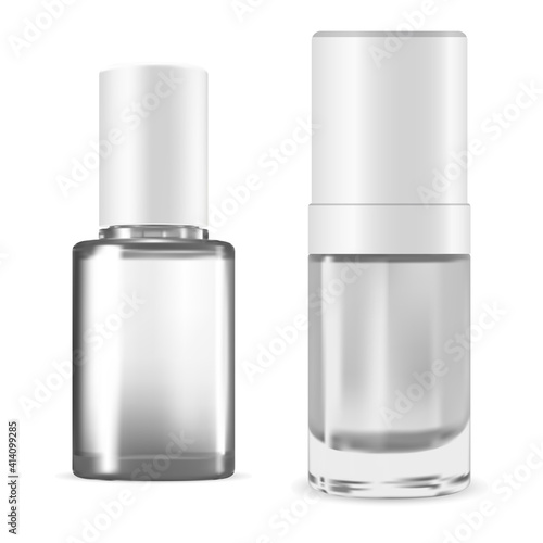 Nail polish bottle. Manicure enamel pack, vector illustration isolated on white background. Varnish container mockup. Nailpolish package blank, lacquer cylinder bottle colorless set, fingernail gloss