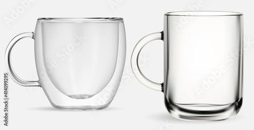 Glass mug. Transparent glass tea cup, isolated vector illustration on white background. Coffee drink double wall cup mockup. Realistic hot cappuccino jar, kitchen glassware set