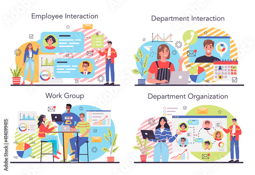 Interaction of departments concept set. Business teamwork. Idea of partnership