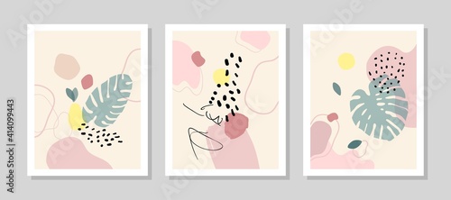 Contemporary art print. Vector hand drawn artwork. Trendy 50s, 60s retro, vintage. Matisse style. Hugge home, house decor. Set collection. Beige, black, pink, green, yellow soft colors. Minimalism
