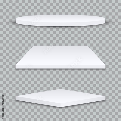 Set of white podiums or exhibition pedestals isolated on transparent background. Round, square and rhombus 3d empty podium. Mock up template for your design. Concept for advertising or presentation.