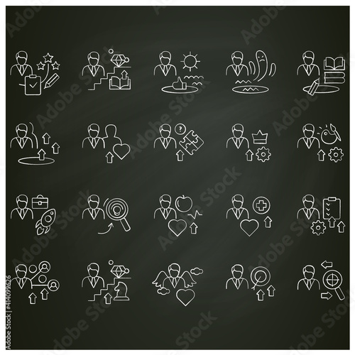 Personal growth chalk icons set. Consists of growth zone, enhancing lifestyle, identifying potential, spiritual identity etc. Isolated vector illustration. Vector illustrations on chalkboard