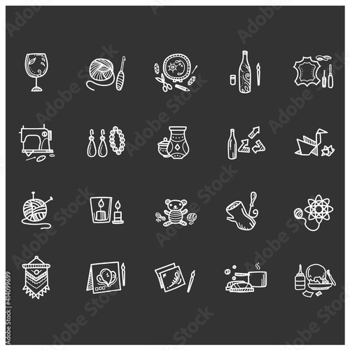 Craft hobby set chalk icons. Handmade and homemade concept. Consist of sewing, etching, bottle painting, origami, papier-mache etc. Isolated vector illustrations on chalkboard