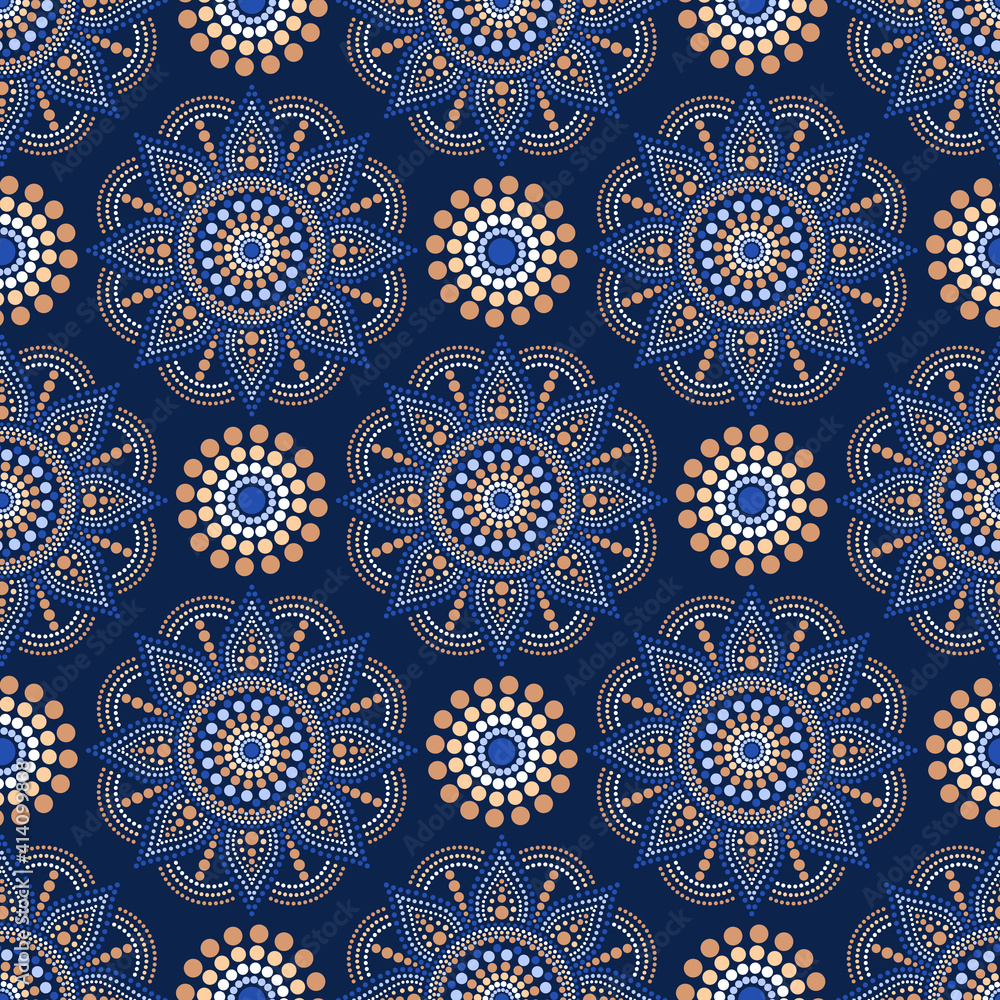 Vector seamless pattern with dot mandalas. Aboriginal style of dot painting Vector seamless pattern with dot mandalas. Aboriginal style of dot painting