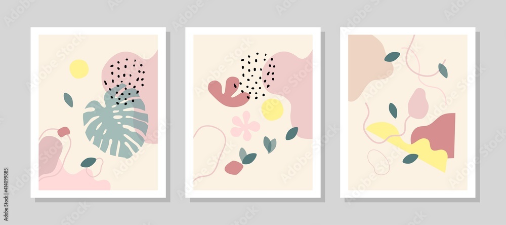 Contemporary art print. Vector hand drawn artwork. Trendy 50s, 60s retro, vintage. Matisse style. Hugge home, house decor. Set collection. Beige, black, pink, green, yellow soft colors. Minimalism