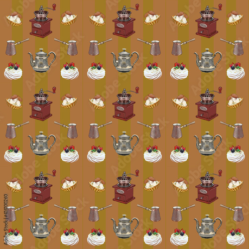 Background, seamless wallpaper on a coffee theme, background with a coffee pot, turk, coffee grinder, coffee and cakes, texture for interior designers