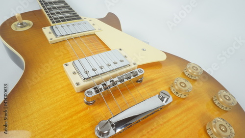 Electric guitar body detail, close-up view. © bintank