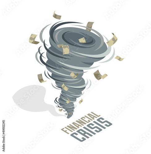Financial crisis tornado whirlwind takes money banknotes, strong wind swirl taking money vector concept illustration.