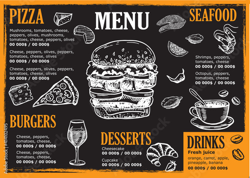 Мenu, Brochure Restaurant, template design. Food flyer. Hand-drawn style.
