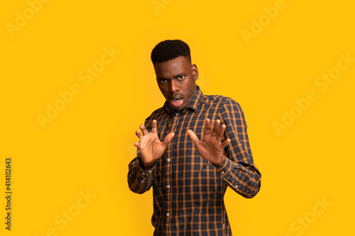 Oh No. Disgusted African American Guy Showing Refuse Gesture With Hands