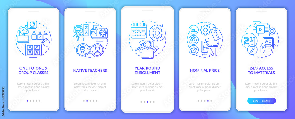 Digital language courses benefits onboarding mobile app page screen with concepts. Enrollment, materials walkthrough 5 steps graphic instructions. UI vector template with RGB color illustrations