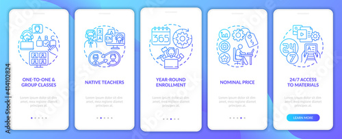 Digital language courses benefits onboarding mobile app page screen with concepts. Enrollment, materials walkthrough 5 steps graphic instructions. UI vector template with RGB color illustrations