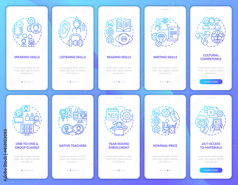 Language study courses onboarding mobile app page screen with concepts set. Competences, online class benefits walkthrough 5 steps graphic instructions. UI vector template with RGB color illustrations Language study courses onboarding mobile app page screen with concepts set. Competences, online class benefits walkthrough 5 steps graphic instructions. UI vector template with RGB color illustrations