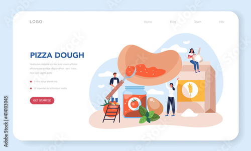 Pizza maker web banner or landing page. Chef cooking tasty delicious pizza.