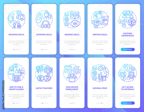 Language study courses onboarding mobile app page screen with concepts set. Competences, online class benefits walkthrough 5 steps graphic instructions. UI vector template with RGB color illustrations