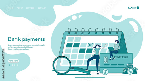 The period of bank payments.Payment of bills,cash investments, and financial payments.People are Counting the timing of your Bank statements.Flat vector illustration.The landing page template.