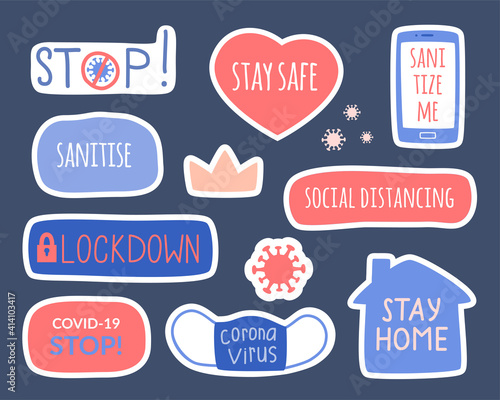 A set of elements on the topic of coronavirus 2020, hygiene and quarantine. A set of vector hand-drawn stickers - stay at home, keep your distance, disinfect.