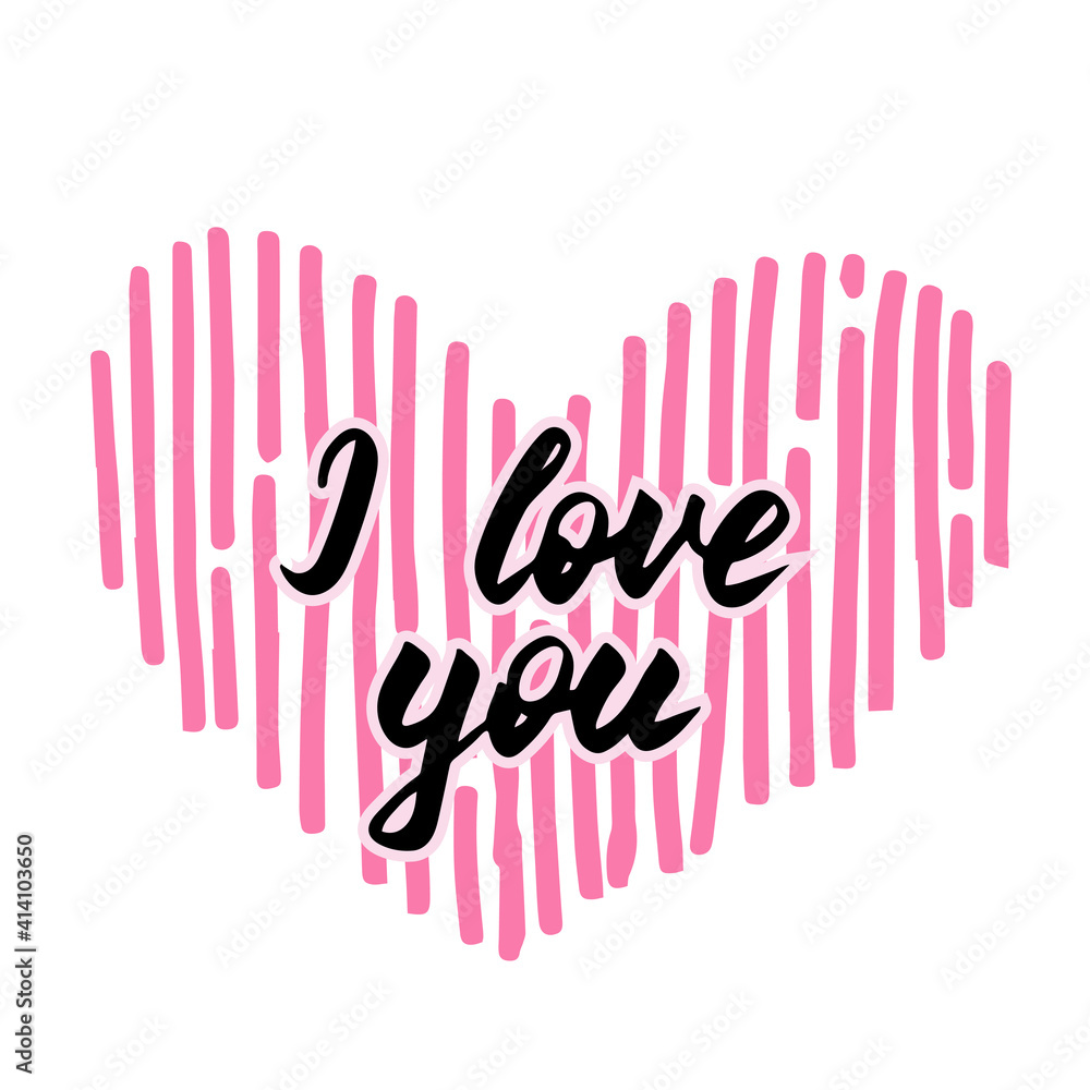 Hand drawn I love you print, calligraphic inscription. Greeting card for Valentine's Day. Hand drawn pink heart. Romantic lettering composition. Beautiful print for textile, gift wrap and decor Hand drawn I love you print, calligraphic inscription. Greeting card for Valentine's Day. Hand drawn pink heart. Romantic lettering composition. Beautiful print for textile, gift wrap and decor