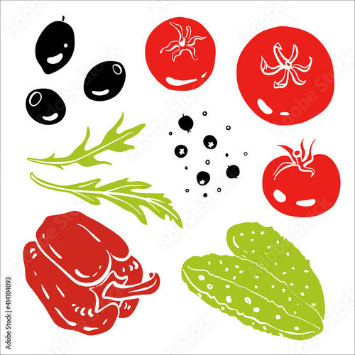 Bell pepper, cucumber, tomato, olives, arugula, pepper. Colorful sketch collection of salad vegetables and herbs isolated on white background. Doodle hand drawn vegetable icons. Vector illustration
