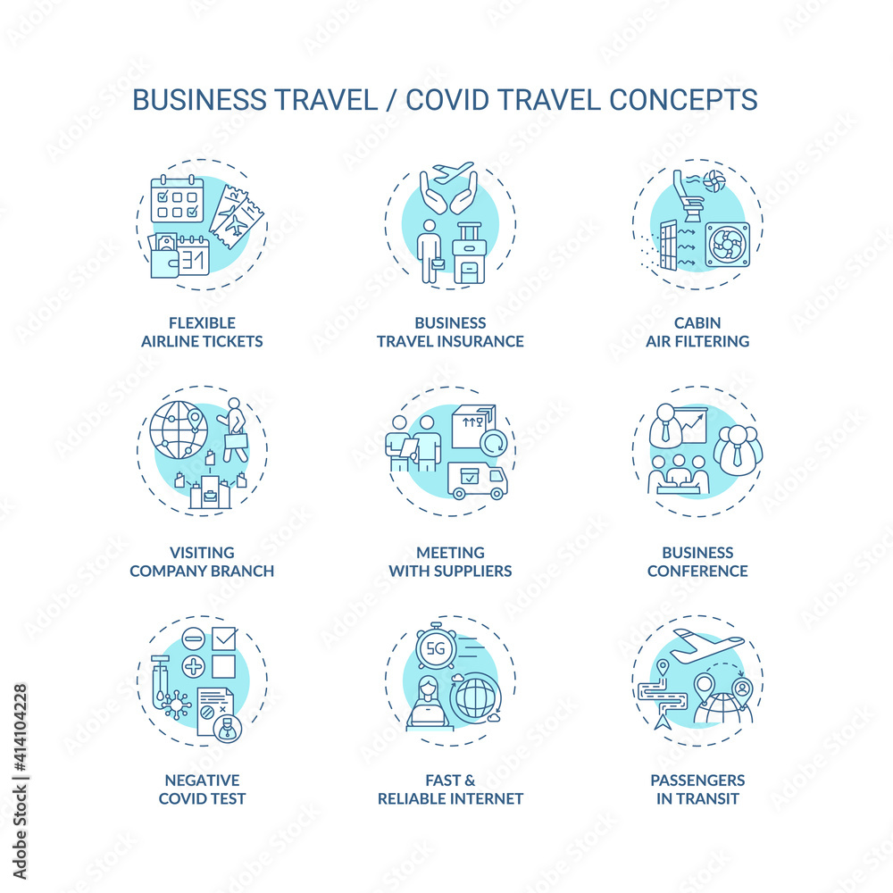 Business travel during coronavirus pandemic concept icons set. Quarantine measures idea thin line RGB color illustrations. Additional safety measures. Vector isolated outline drawings. Editable stroke