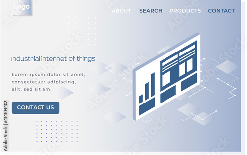 Industrial internet of things landing page template. Modern information technology and networking. Computing concept design cloud database. Internet data services, resources vector illustration